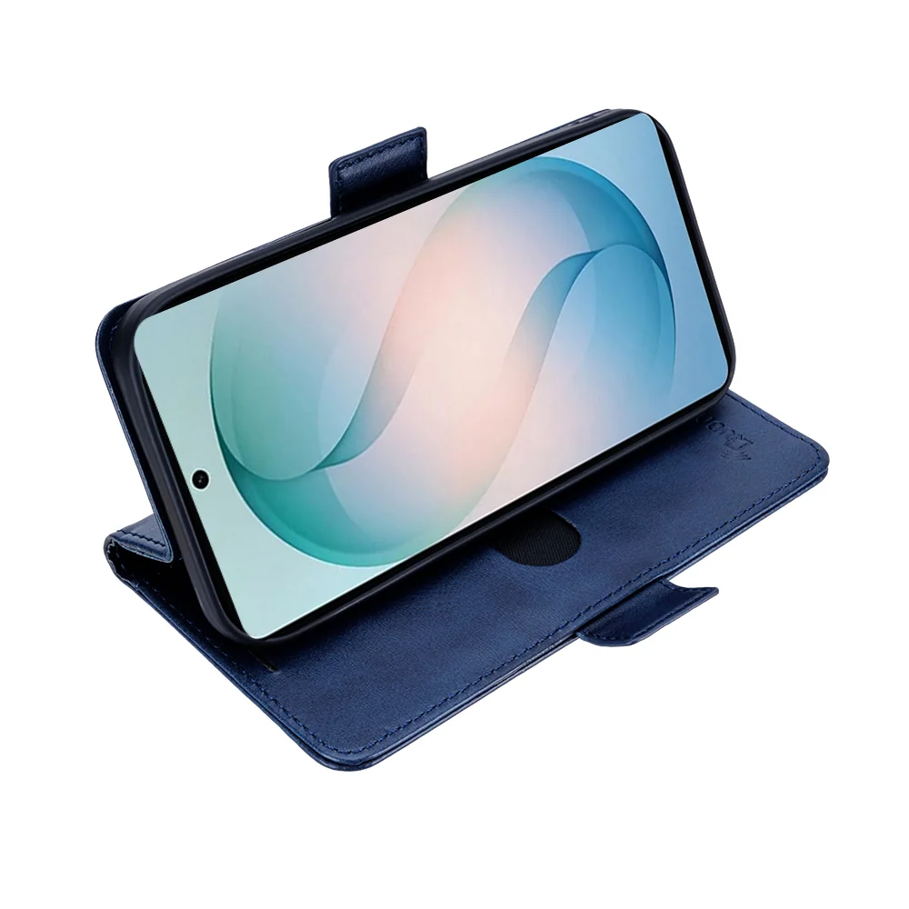 Blue QuantaCase holding a phone in landscape stand position